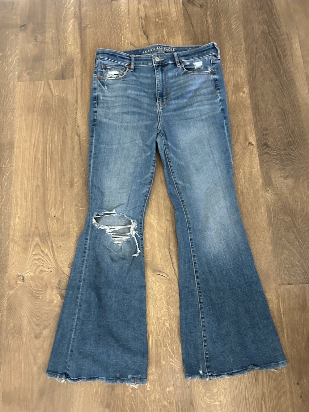 American Eagle Outfitters Medium Blue Distressed Flare Jeans